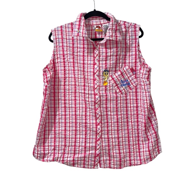 Looney Tunes Tweety Bird Pink Plaid Embroidered Sleeveless Button Up Top 18W 20W - Picture 1 of 5